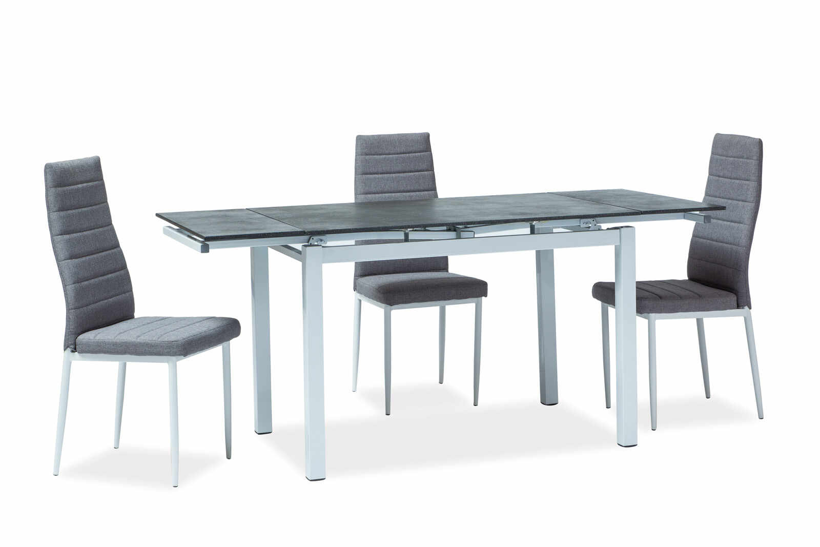 Set masa extensibila din sticla si metal Turin Black / White + 4 scaune tapitate H-265 Grey, L110-170xl70xH76 cm