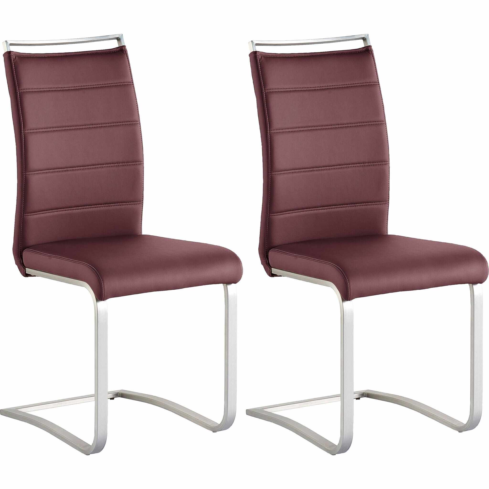Set 2 scaune tapitate cu piele ecologica si picioare metalice, Pescara Bordeaux / Crom, l42xA56xH102 cm