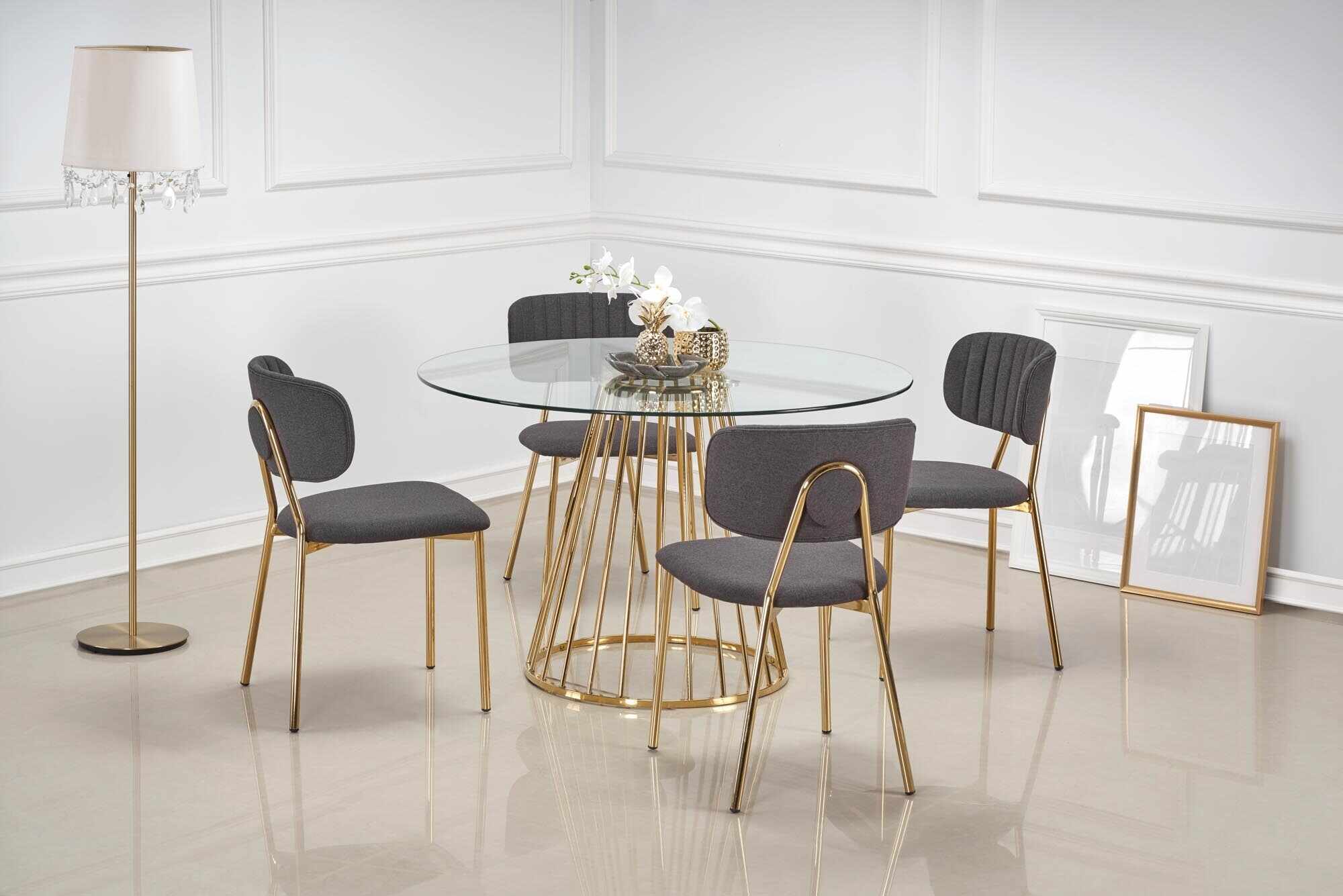 Set masa din sticla si metal Liverpool Transparent / Auriu + 4 scaune tapitate cu stofa K362 Gri / Auriu, Ø120xH75 cm