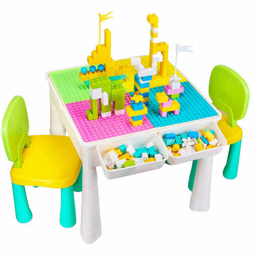 Set masa lego pentru copii Amosting, cu 2 scaune, plastic, multicolor
