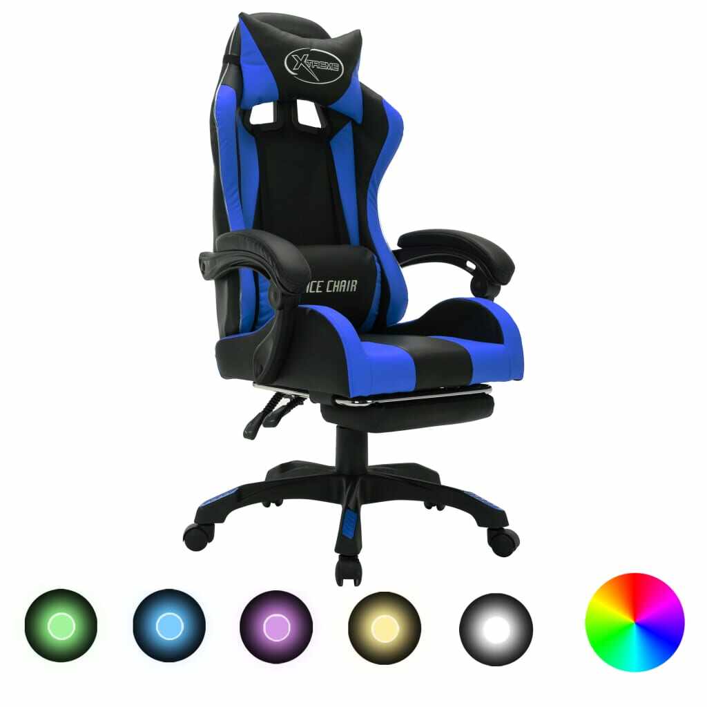 vidaXL Scaun de jocuri cu LED RGB, albastru și negru, piele ecologică