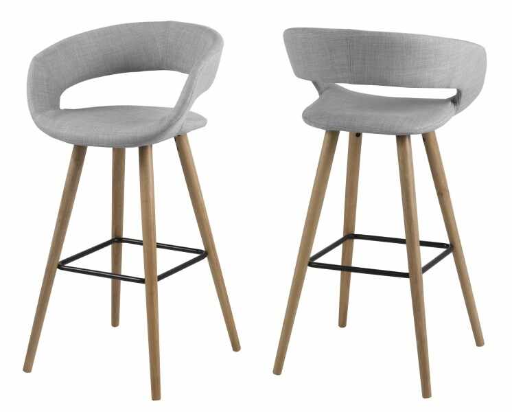 Set 2 scaune de bar tapitate cu stofa si picioare din lemn Grace Gri Deschis / Stejar, l55xA46,5xH98 cm