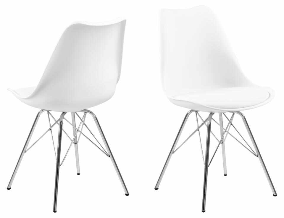 Set 4 scaune din plastic, sezut tapitat cu piele ecologica si picioare metalice Eris Alb / Crom, l48,5xA54xH85,5 cm